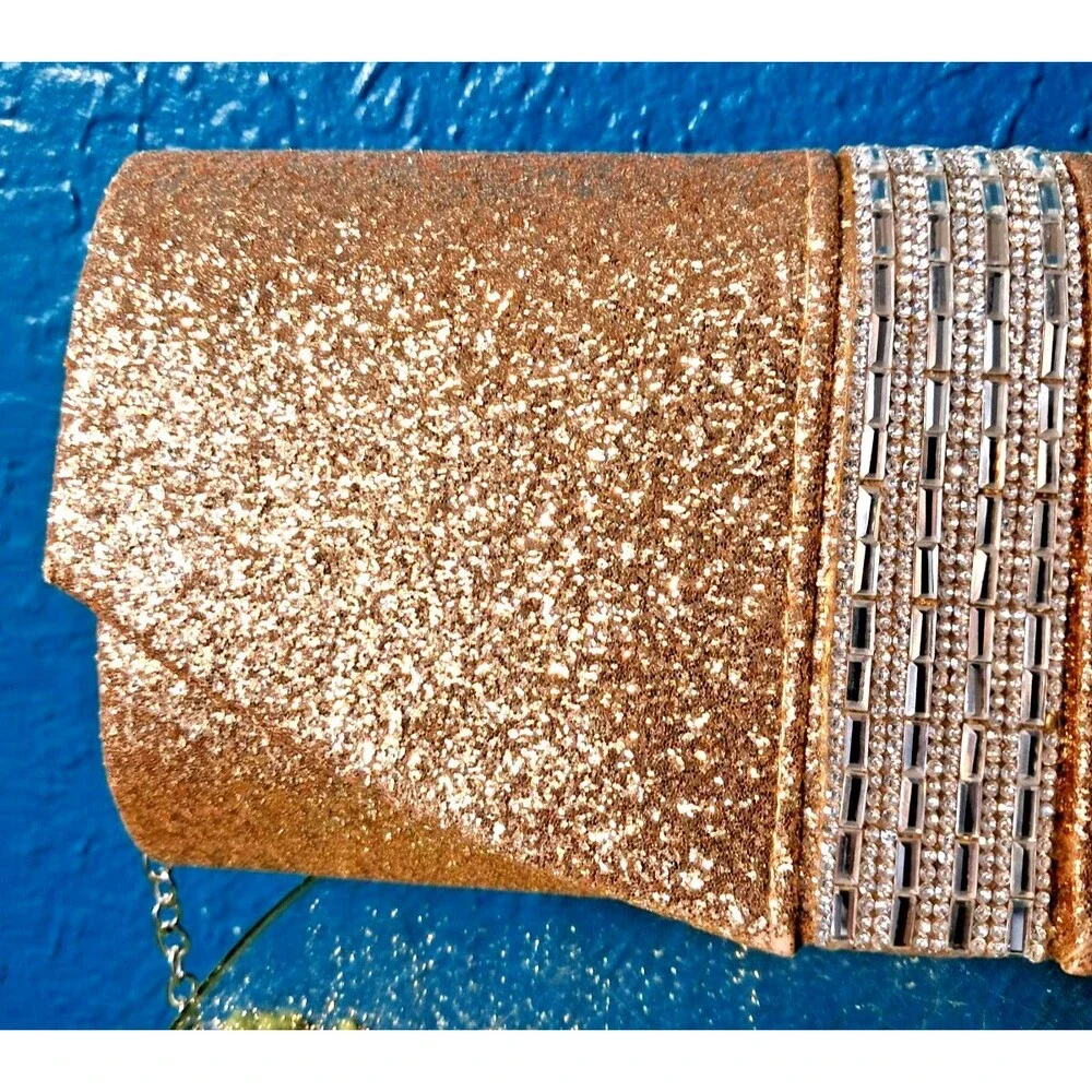 NWT Sasha New York Gold Glitter Silver Rhinestone Envelope Clutch Evening Purse - Picture 6 of 13
